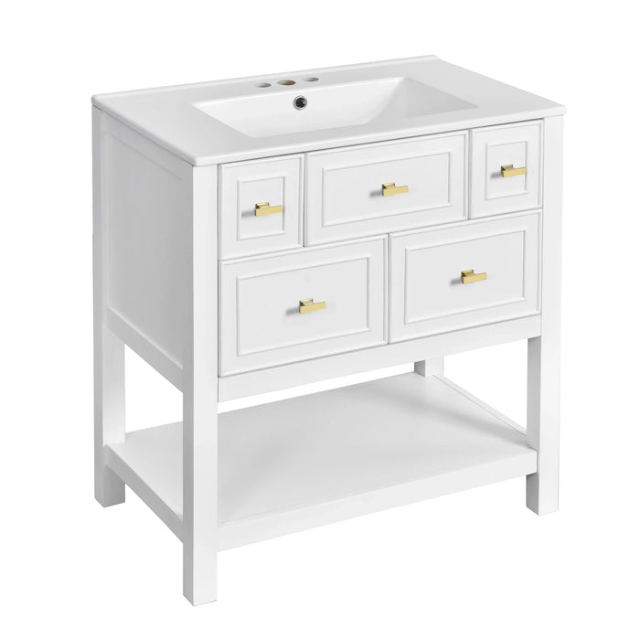 30'' Bathroom Vanity with Ceramic Sink Combo, Free Standing Single Vanity Set with 5 Drawers, Solid Wood Frame Bathroom Storage Cabinet, White Default -DTYStore