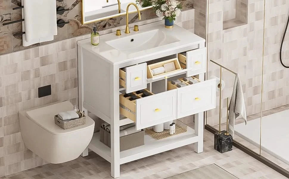 30'' Bathroom Vanity with Ceramic Sink Combo, Free Standing Single Vanity Set with 5 Drawers, Solid Wood Frame Bathroom Storage Cabinet, White Default -DTYStore