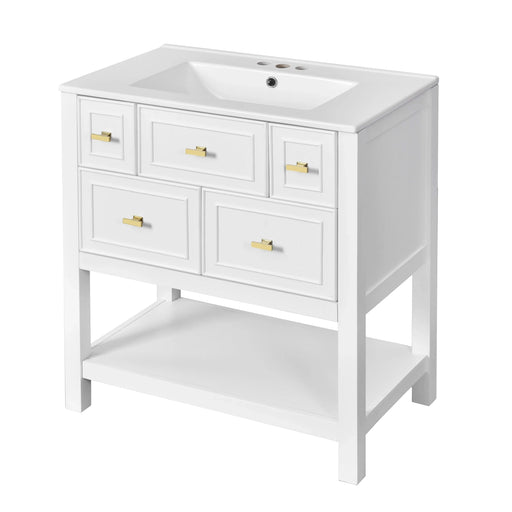 30'' Bathroom Vanity with Ceramic Sink Combo, Free Standing Single Vanity Set with 5 Drawers, Solid Wood Frame Bathroom Storage Cabinet, White Default -DTYStore