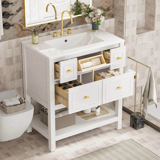 30'' Bathroom Vanity with Ceramic Sink Combo, Free Standing Single Vanity Set with 5 Drawers, Solid Wood Frame Bathroom Storage Cabinet, White Default -DTYStore