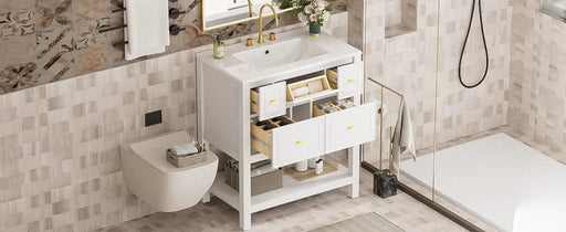 30'' Bathroom Vanity with Ceramic Sink Combo, Free Standing Single Vanity Set with 5 Drawers, Solid Wood Frame Bathroom Storage Cabinet, White Default -DTYStore