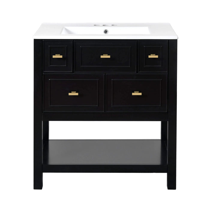 30'' Bathroom Vanity with Ceramic Sink Combo, Free Standing Single Vanity Set with 5 Drawers, Solid Wood Frame Bathroom Storage Cabinet Default -DTYStore