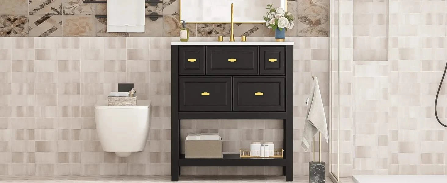 30'' Bathroom Vanity with Ceramic Sink Combo, Free Standing Single Vanity Set with 5 Drawers, Solid Wood Frame Bathroom Storage Cabinet Default -DTYStore