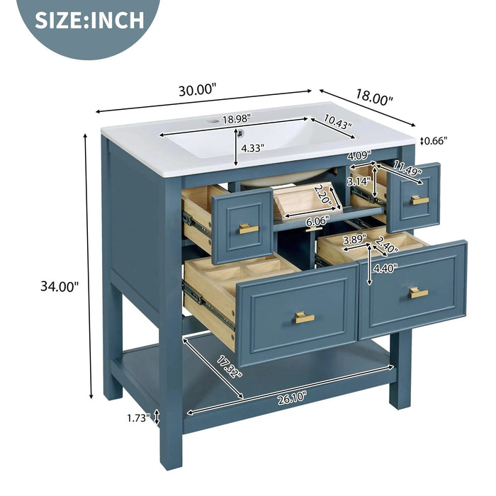 30'' Bathroom Vanity with Ceramic Sink Combo, Free Standing Single Vanity Set with 5 Drawers, Solid Wood Frame Bathroom Storage Cabinet Default -DTYStore