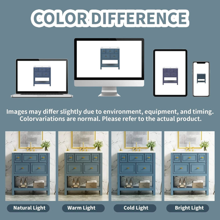 30'' Bathroom Vanity with Ceramic Sink Combo, Free Standing Single Vanity Set with 5 Drawers, Solid Wood Frame Bathroom Storage Cabinet Default -DTYStore