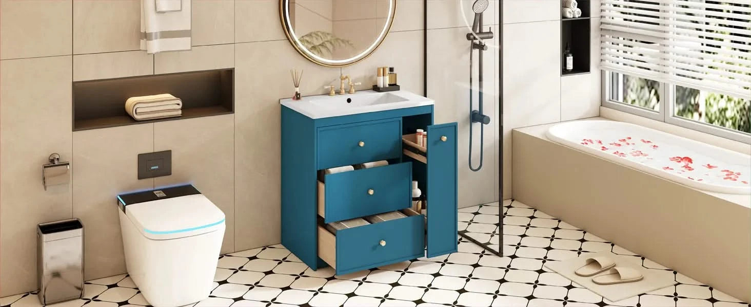 30'' Bathroom Vanity with Ceramic Sink Combo, Free Standing Single Vanity Set with Four Drawers, Modern Bathroom Storage Cabinet , Ideal for Home Default -DTYStore