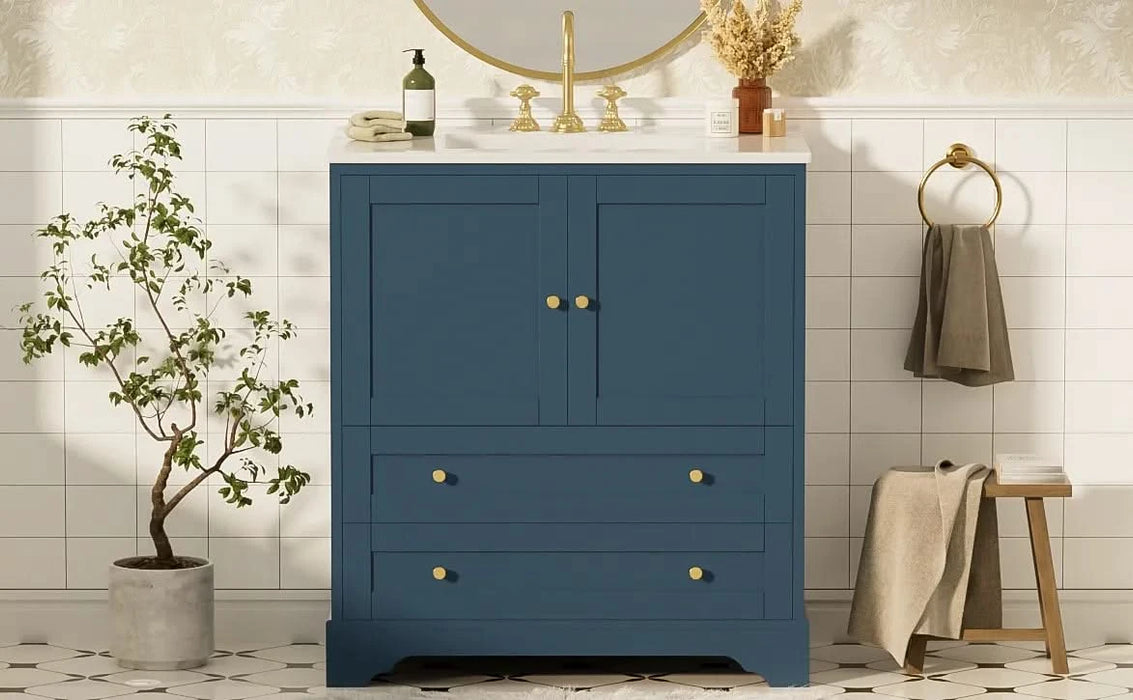 30'' Bathroom Vanity with Ceramic Sink Combo, Modern Freestanding Storage Cabinet with Gold Handles, Soft Closing Doors, Blue Default -DTYStore