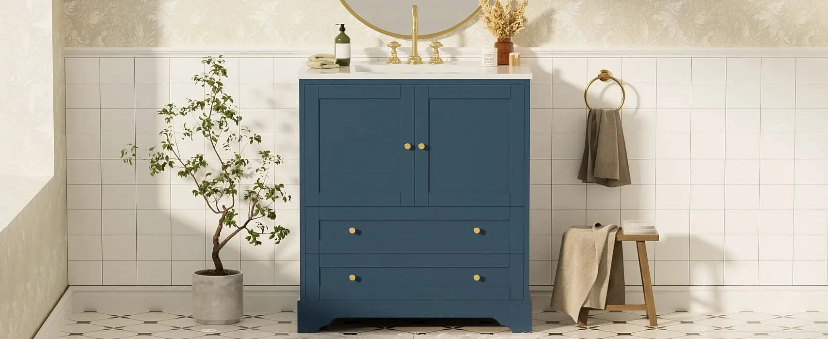 30'' Bathroom Vanity with Ceramic Sink Combo, Modern Freestanding Storage Cabinet with Gold Handles, Soft Closing Doors, Blue Default -DTYStore