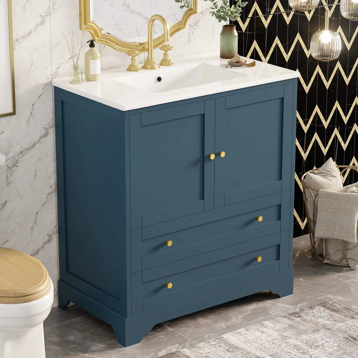 30'' Bathroom Vanity with Ceramic Sink Combo, Modern Freestanding Storage Cabinet with Gold Handles, Soft Closing Doors, Blue Default -DTYStore