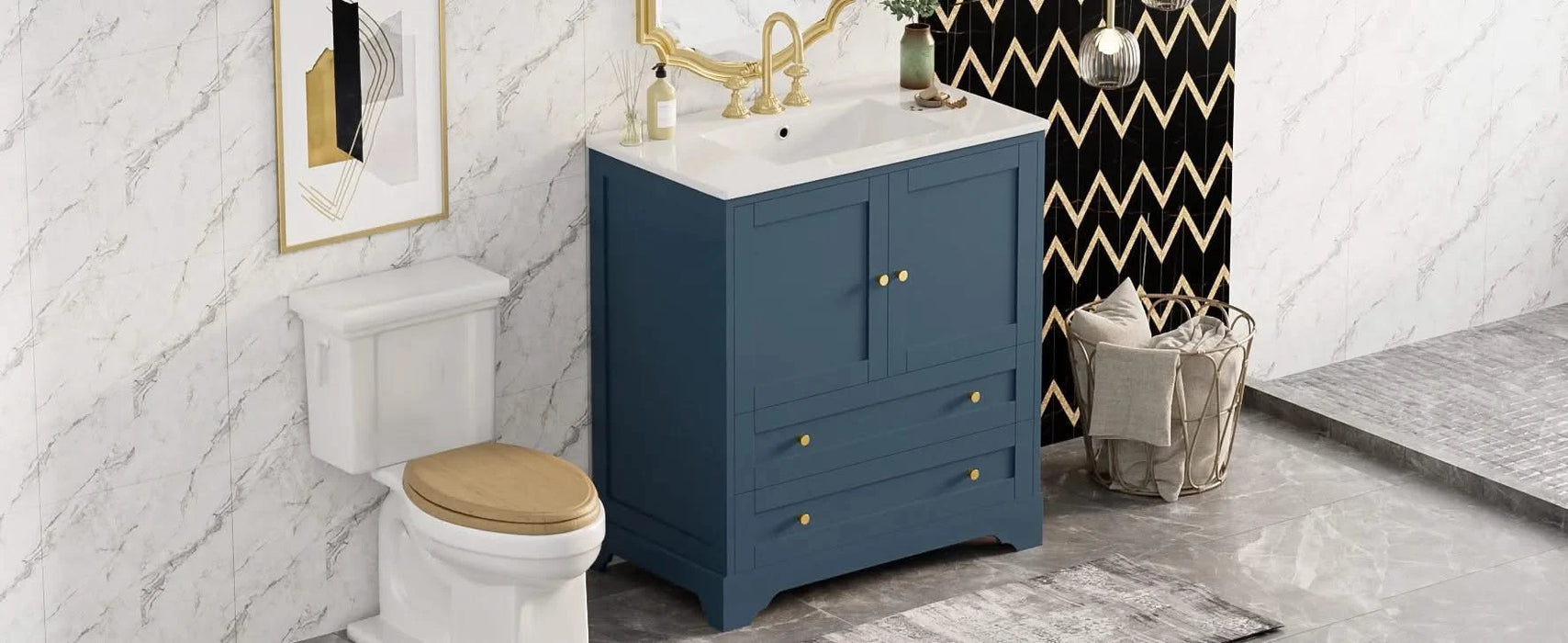 30'' Bathroom Vanity with Ceramic Sink Combo, Modern Freestanding Storage Cabinet with Gold Handles, Soft Closing Doors, Blue Default -DTYStore