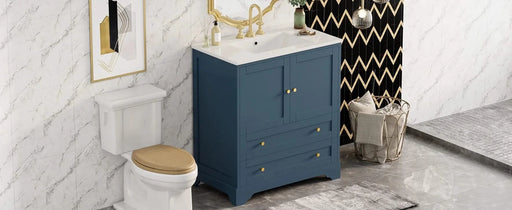 30'' Bathroom Vanity with Ceramic Sink Combo, Modern Freestanding Storage Cabinet with Gold Handles, Soft Closing Doors, Blue Default -DTYStore