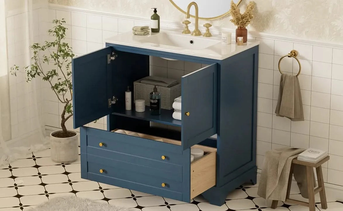 30'' Bathroom Vanity with Ceramic Sink Combo, Modern Freestanding Storage Cabinet with Gold Handles, Soft Closing Doors, Blue Default -DTYStore