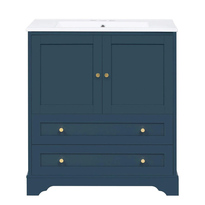 30'' Bathroom Vanity with Ceramic Sink Combo, Modern Freestanding Storage Cabinet with Gold Handles, Soft Closing Doors, Blue Default -DTYStore