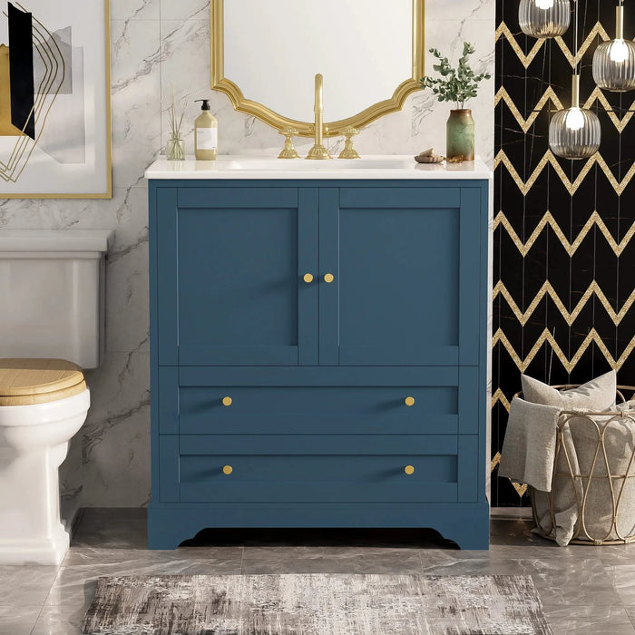 30'' Bathroom Vanity with Ceramic Sink Combo, Modern Freestanding Storage Cabinet with Gold Handles, Soft Closing Doors, Blue Default -DTYStore