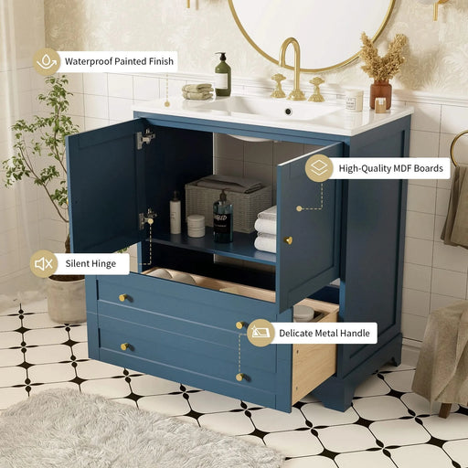 30'' Bathroom Vanity with Ceramic Sink Combo, Modern Freestanding Storage Cabinet with Gold Handles, Soft Closing Doors, Blue Default -DTYStore