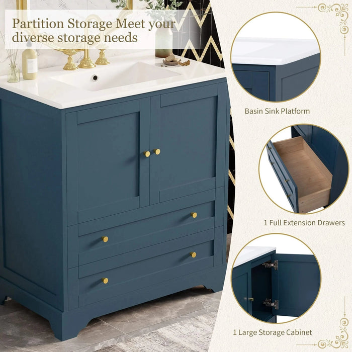 30'' Bathroom Vanity with Ceramic Sink Combo, Modern Freestanding Storage Cabinet with Gold Handles, Soft Closing Doors, Blue Default -DTYStore