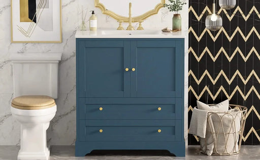 30'' Bathroom Vanity with Ceramic Sink Combo, Modern Freestanding Storage Cabinet with Gold Handles, Soft Closing Doors, Blue Default -DTYStore