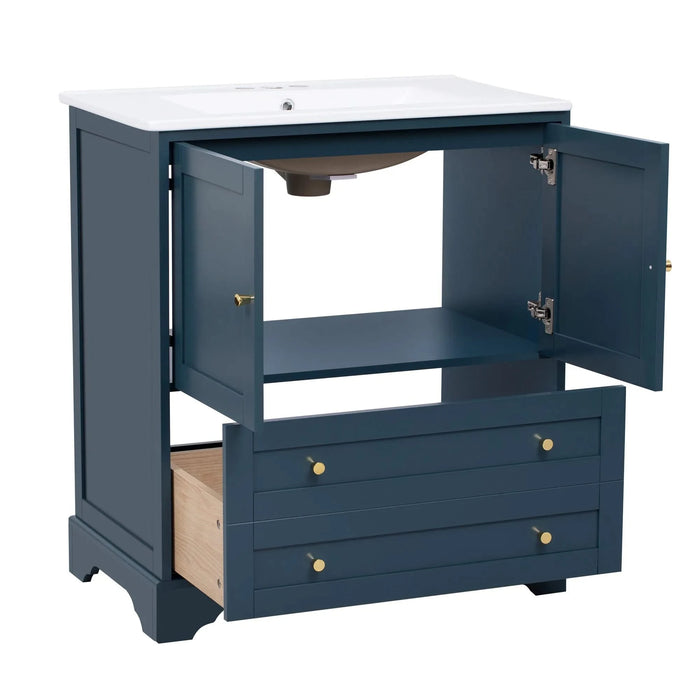 30'' Bathroom Vanity with Ceramic Sink Combo, Modern Freestanding Storage Cabinet with Gold Handles, Soft Closing Doors, Blue Default -DTYStore
