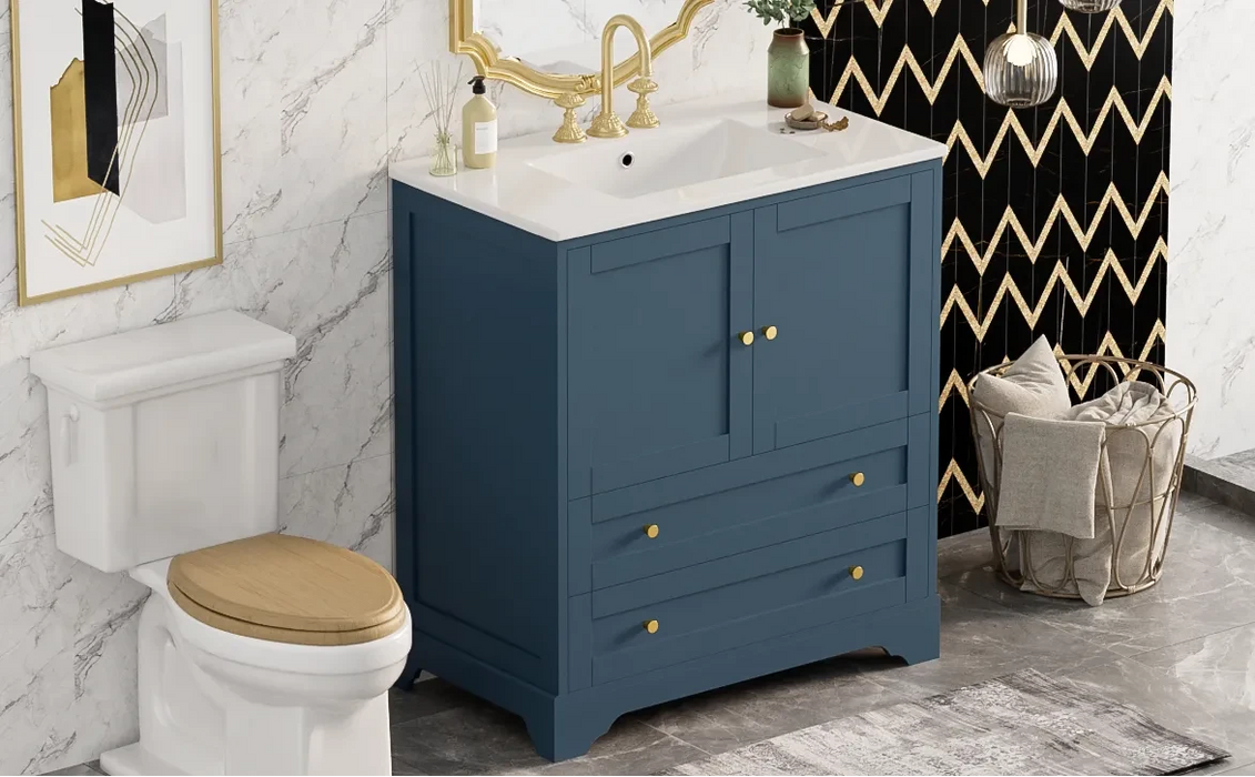 30'' Bathroom Vanity with Ceramic Sink Combo, Modern Freestanding Storage Cabinet with Gold Handles, Soft Closing Doors, Blue Default -DTYStore