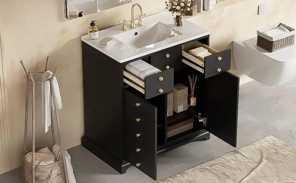 30'' Bathroom Vanity with Ceramic Sink Combo, Solid Wood Frame Bathroom Storage Cabinet, Freestanding Vanity Set with 2 Drawers& Soft Closing Doors, Black Default -DTYStore
