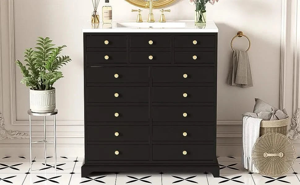 30'' Bathroom Vanity with Ceramic Sink Combo, Solid Wood Frame Bathroom Storage Cabinet, Freestanding Vanity Set with 2 Drawers& Soft Closing Doors, Black Default -DTYStore