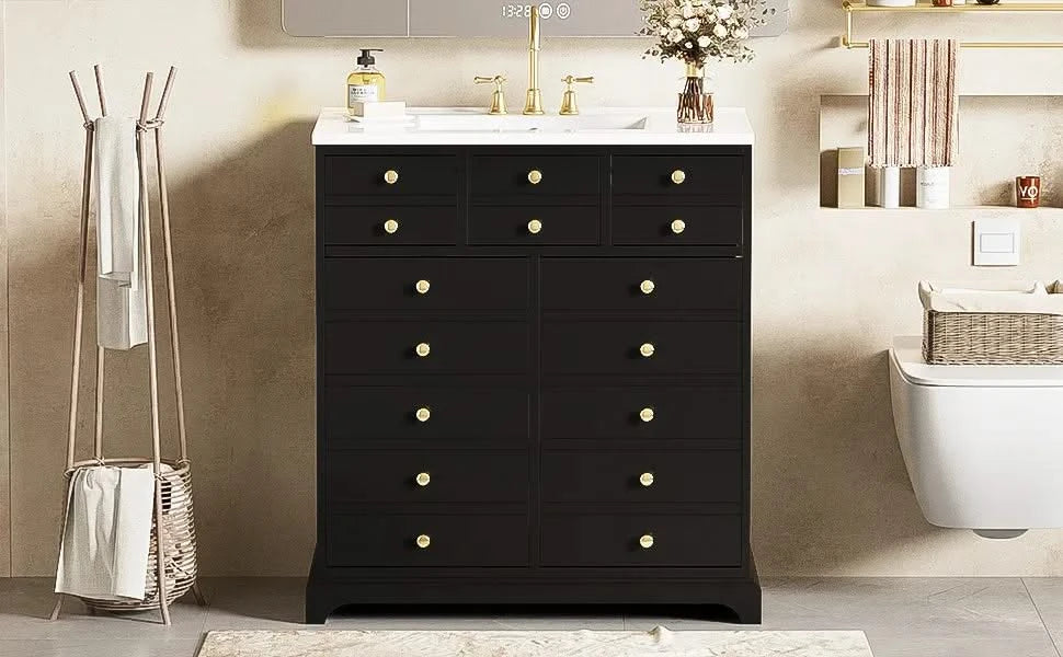 30'' Bathroom Vanity with Ceramic Sink Combo, Solid Wood Frame Bathroom Storage Cabinet, Freestanding Vanity Set with 2 Drawers& Soft Closing Doors, Black Default -DTYStore