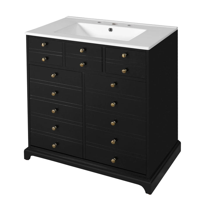 30'' Bathroom Vanity with Ceramic Sink Combo, Solid Wood Frame Bathroom Storage Cabinet, Freestanding Vanity Set with 2 Drawers& Soft Closing Doors, Black Default -DTYStore