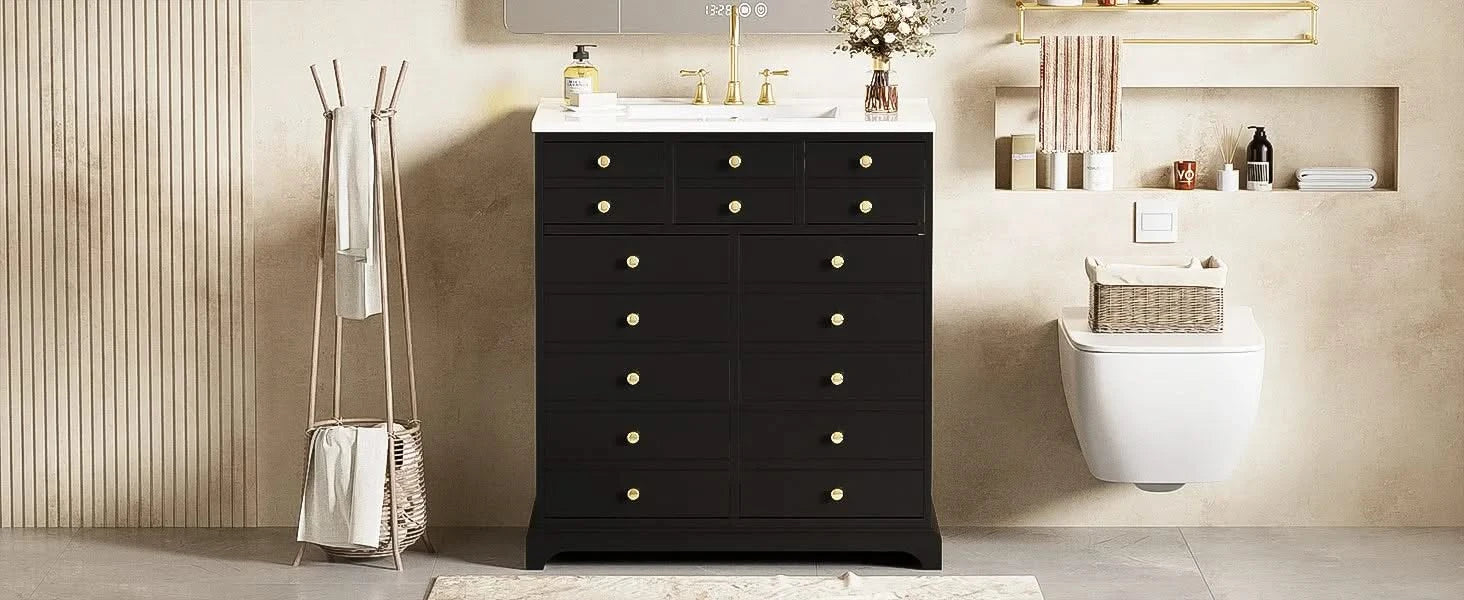 30'' Bathroom Vanity with Ceramic Sink Combo, Solid Wood Frame Bathroom Storage Cabinet, Freestanding Vanity Set with 2 Drawers& Soft Closing Doors, Black Default -DTYStore
