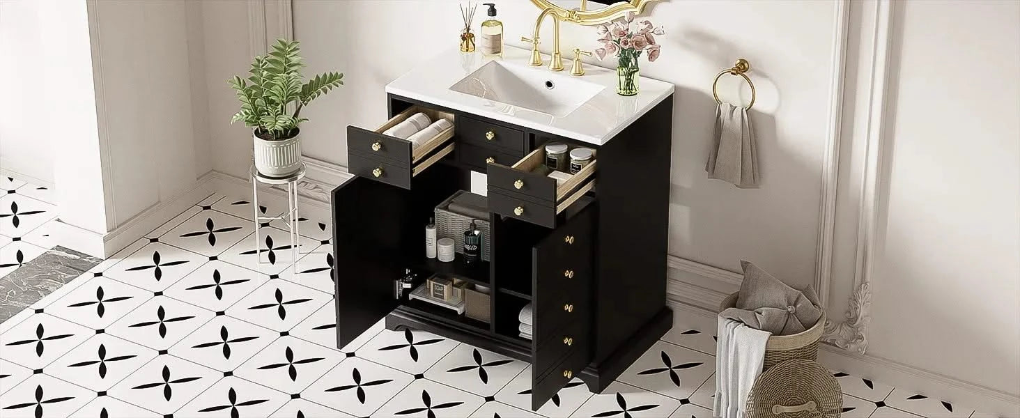 30'' Bathroom Vanity with Ceramic Sink Combo, Solid Wood Frame Bathroom Storage Cabinet, Freestanding Vanity Set with 2 Drawers& Soft Closing Doors, Black Default -DTYStore