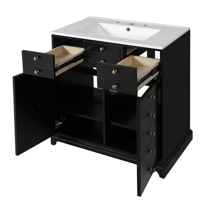 30'' Bathroom Vanity with Ceramic Sink Combo, Solid Wood Frame Bathroom Storage Cabinet, Freestanding Vanity Set with 2 Drawers& Soft Closing Doors, Black Default -DTYStore