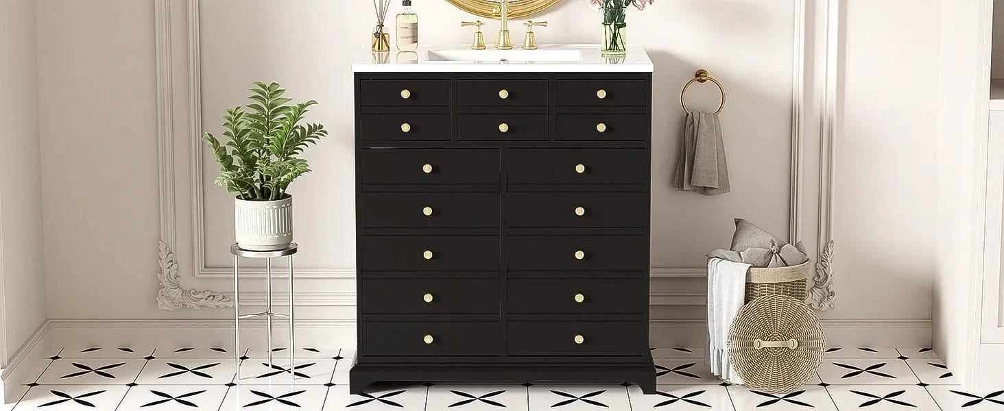 30'' Bathroom Vanity with Ceramic Sink Combo, Solid Wood Frame Bathroom Storage Cabinet, Freestanding Vanity Set with 2 Drawers& Soft Closing Doors, Black Default -DTYStore