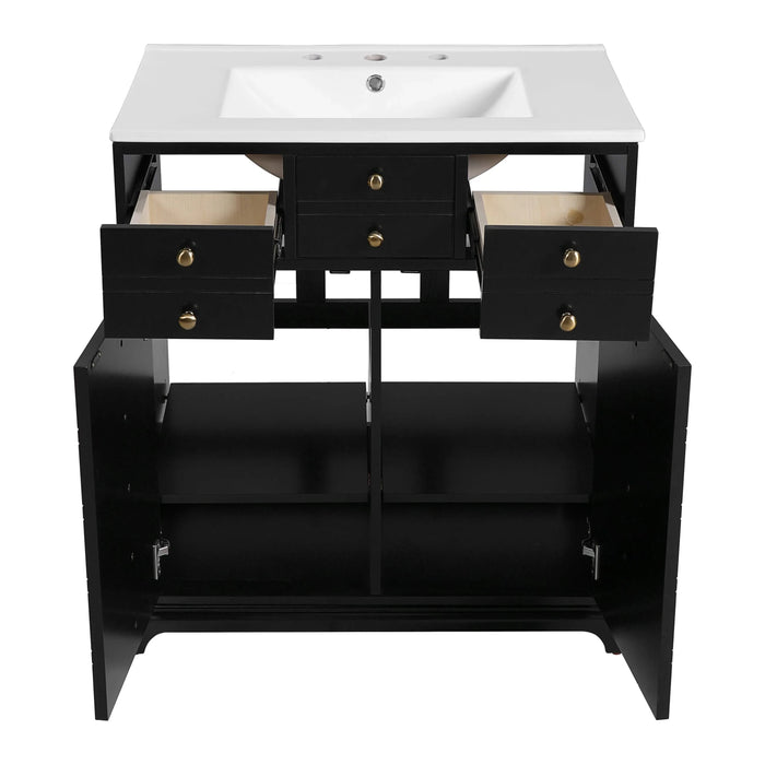 30'' Bathroom Vanity with Ceramic Sink Combo, Solid Wood Frame Bathroom Storage Cabinet, Freestanding Vanity Set with 2 Drawers& Soft Closing Doors, Black Default -DTYStore