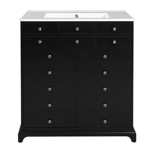 30'' Bathroom Vanity with Ceramic Sink Combo, Solid Wood Frame Bathroom Storage Cabinet, Freestanding Vanity Set with 2 Drawers& Soft Closing Doors, Black Default -DTYStore