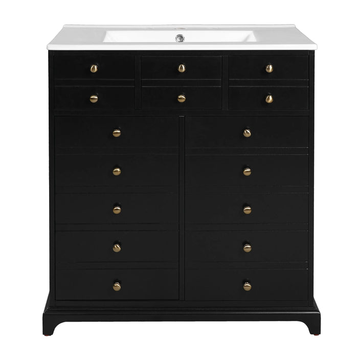 30'' Bathroom Vanity with Ceramic Sink Combo, Solid Wood Frame Bathroom Storage Cabinet, Freestanding Vanity Set with 2 Drawers& Soft Closing Doors, Black Default -DTYStore