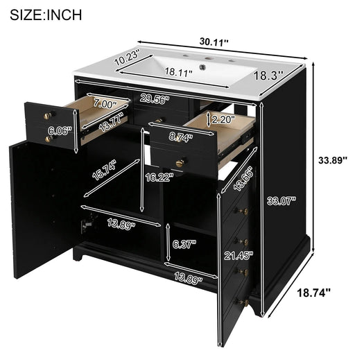 30'' Bathroom Vanity with Ceramic Sink Combo, Solid Wood Frame Bathroom Storage Cabinet, Freestanding Vanity Set with 2 Drawers& Soft Closing Doors, Black Default -DTYStore
