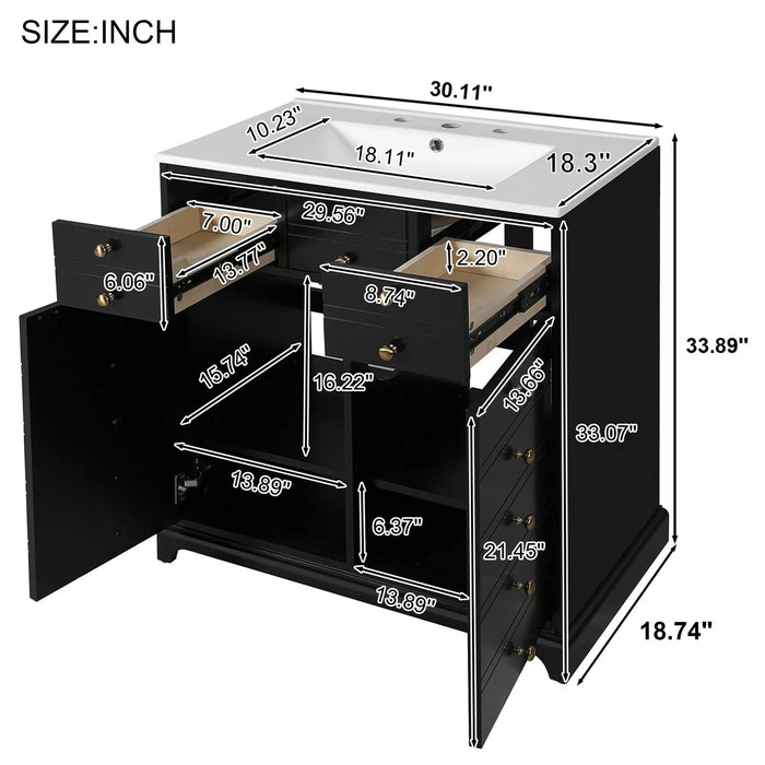 30'' Bathroom Vanity with Ceramic Sink Combo, Solid Wood Frame Bathroom Storage Cabinet, Freestanding Vanity Set with 2 Drawers& Soft Closing Doors, Black Default -DTYStore