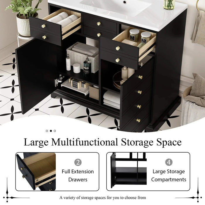30'' Bathroom Vanity with Ceramic Sink Combo, Solid Wood Frame Bathroom Storage Cabinet, Freestanding Vanity Set with 2 Drawers& Soft Closing Doors, Black Default -DTYStore
