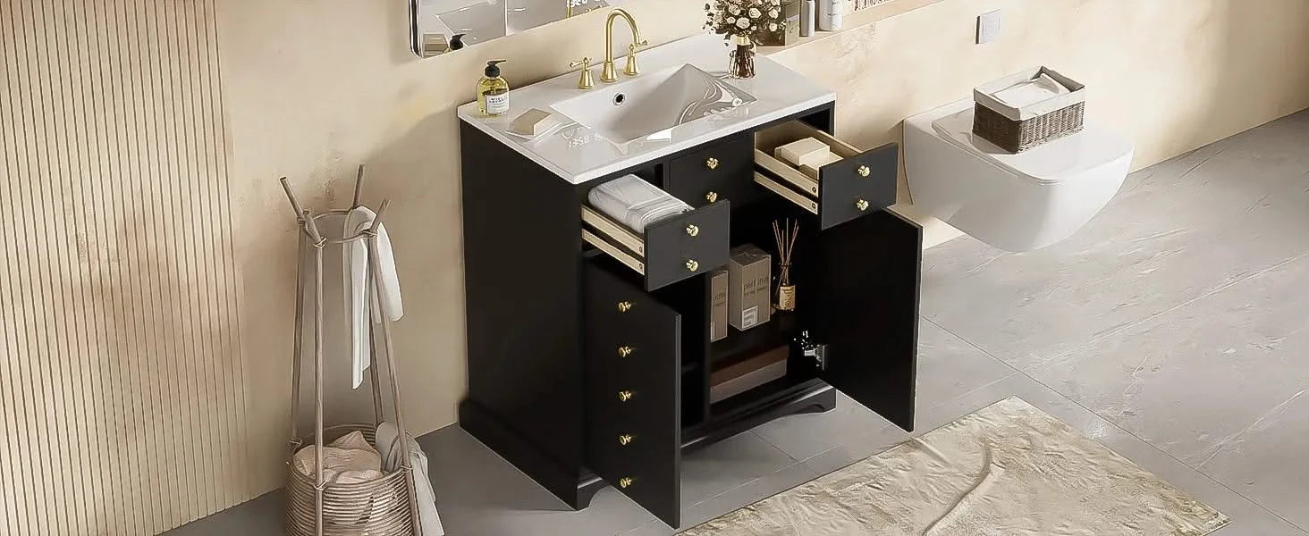 30'' Bathroom Vanity with Ceramic Sink Combo, Solid Wood Frame Bathroom Storage Cabinet, Freestanding Vanity Set with 2 Drawers& Soft Closing Doors, Black Default -DTYStore