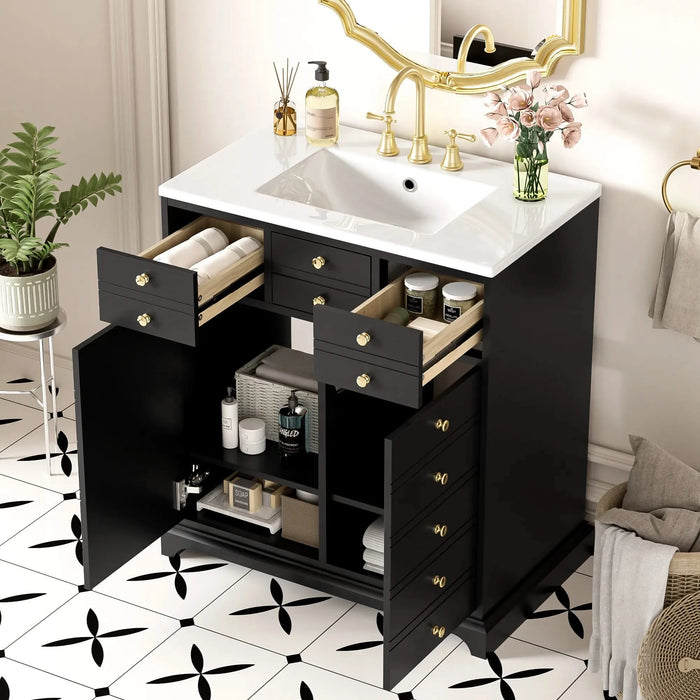 30'' Bathroom Vanity with Ceramic Sink Combo, Solid Wood Frame Bathroom Storage Cabinet, Freestanding Vanity Set with 2 Drawers& Soft Closing Doors, Black Default -DTYStore