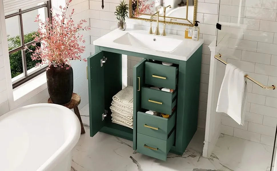 30'' Bathroom Vanity with Ceramic Sink Combo, Solid Wood Frame Bathroom Storage Cabinet, Freestanding Vanity Set with 3 Drawers& Soft Closing Doors Default -DTYStore