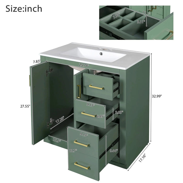 30'' Bathroom Vanity with Ceramic Sink Combo, Solid Wood Frame Bathroom Storage Cabinet, Freestanding Vanity Set with 3 Drawers& Soft Closing Doors Default -DTYStore