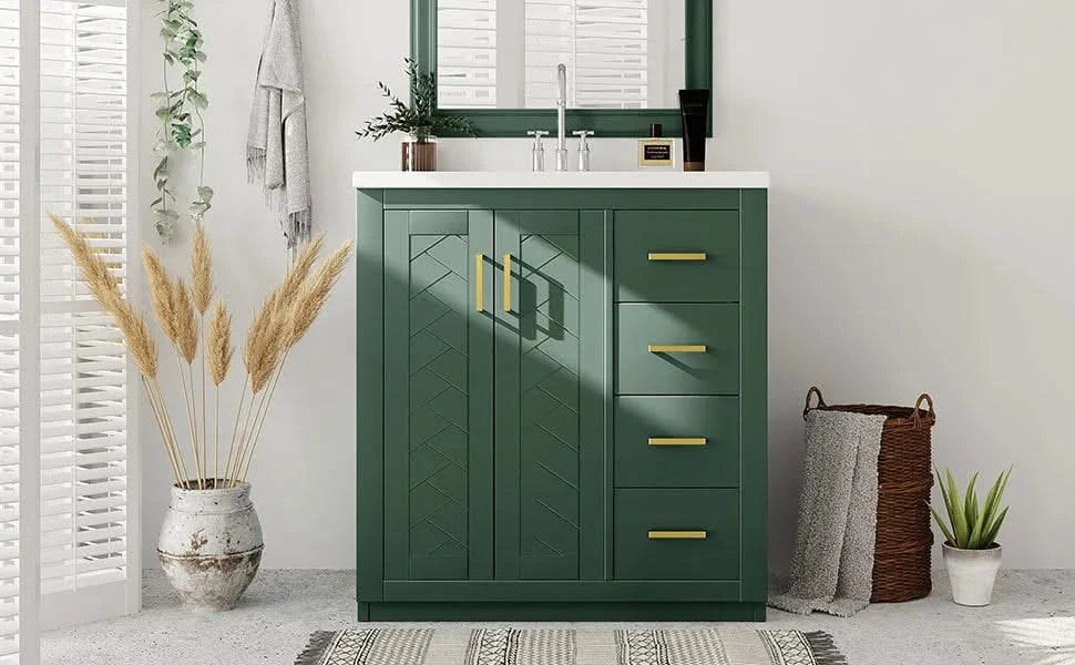 30'' Bathroom Vanity with Ceramic Sink Combo, Solid Wood Frame Bathroom Storage Cabinet, Freestanding Vanity Set with 3 Drawers& Soft Closing Doors Default -DTYStore