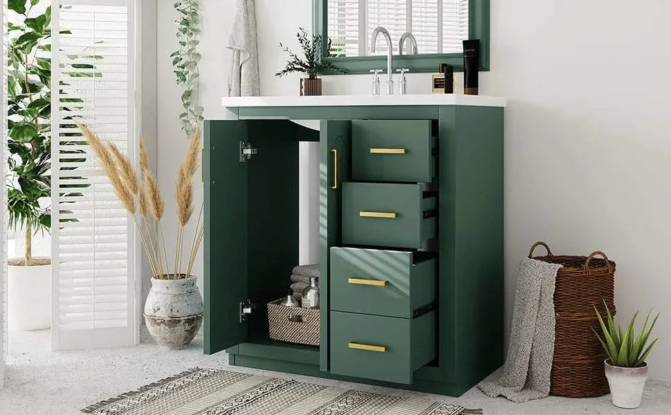 30'' Bathroom Vanity with Ceramic Sink Combo, Solid Wood Frame Bathroom Storage Cabinet, Freestanding Vanity Set with 3 Drawers& Soft Closing Doors Default -DTYStore