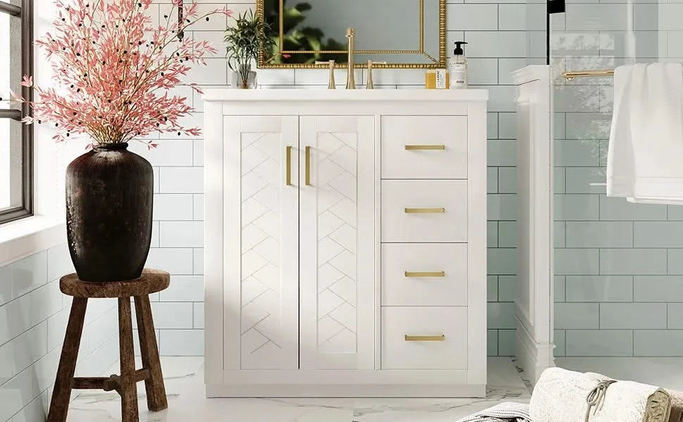 30'' Bathroom Vanity with Ceramic Sink Combo, Solid Wood Frame Bathroom Storage Cabinet, Freestanding Vanity Set with 3 Drawers& Soft Closing Doors Default -DTYStore