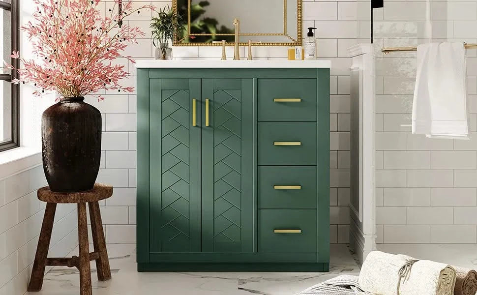 30'' Bathroom Vanity with Ceramic Sink Combo, Solid Wood Frame Bathroom Storage Cabinet, Freestanding Vanity Set with 3 Drawers& Soft Closing Doors Default -DTYStore