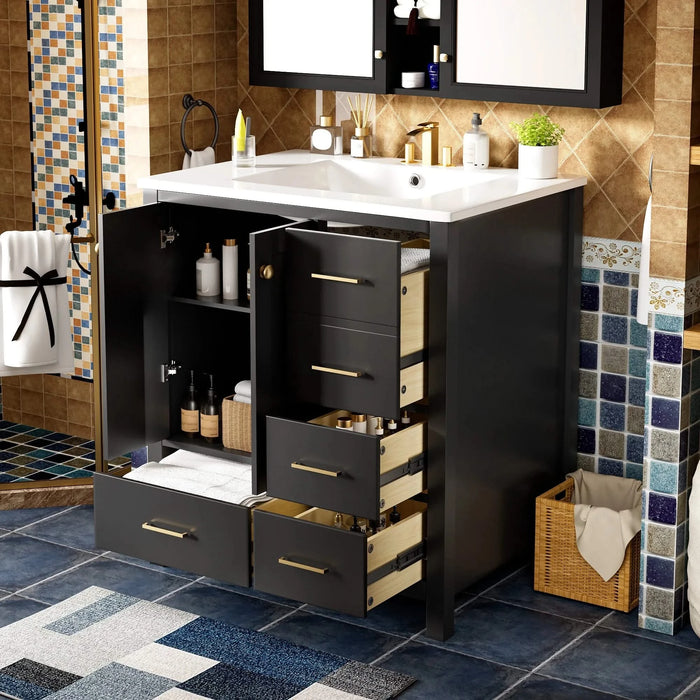 30'' Bathroom Vanity with Ceramic Sink Combo, Solid Wood Frame Bathroom Storage Cabinet, Freestanding Vanity Set with 4 Drawers& Soft Closing Doors, Black Default -DTYStore