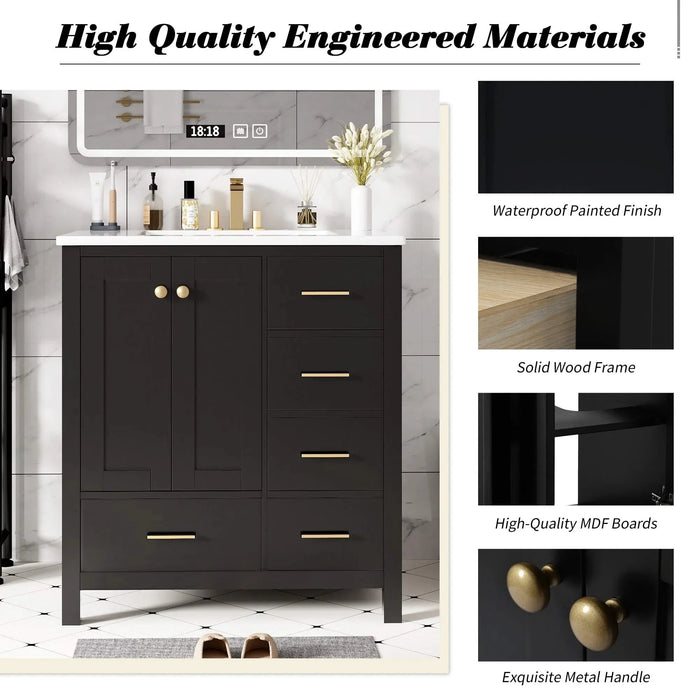 30'' Bathroom Vanity with Ceramic Sink Combo, Solid Wood Frame Bathroom Storage Cabinet, Freestanding Vanity Set with 4 Drawers& Soft Closing Doors, Black Default -DTYStore