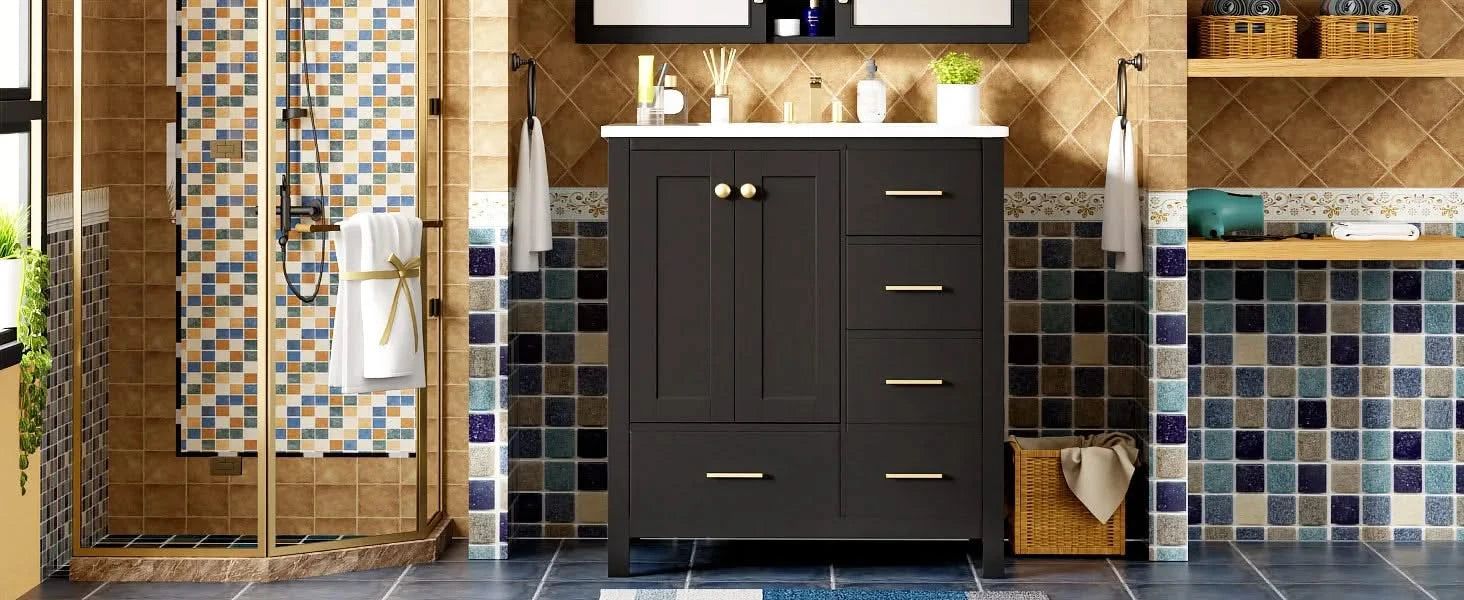 30'' Bathroom Vanity with Ceramic Sink Combo, Solid Wood Frame Bathroom Storage Cabinet, Freestanding Vanity Set with 4 Drawers& Soft Closing Doors, Black Default -DTYStore