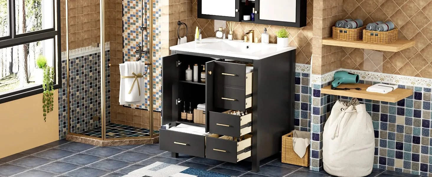 30'' Bathroom Vanity with Ceramic Sink Combo, Solid Wood Frame Bathroom Storage Cabinet, Freestanding Vanity Set with 4 Drawers& Soft Closing Doors, Black Default -DTYStore