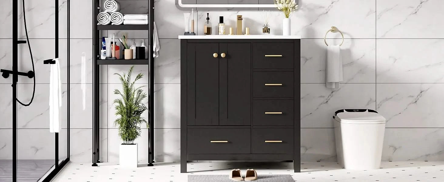 30'' Bathroom Vanity with Ceramic Sink Combo, Solid Wood Frame Bathroom Storage Cabinet, Freestanding Vanity Set with 4 Drawers& Soft Closing Doors, Black Default -DTYStore